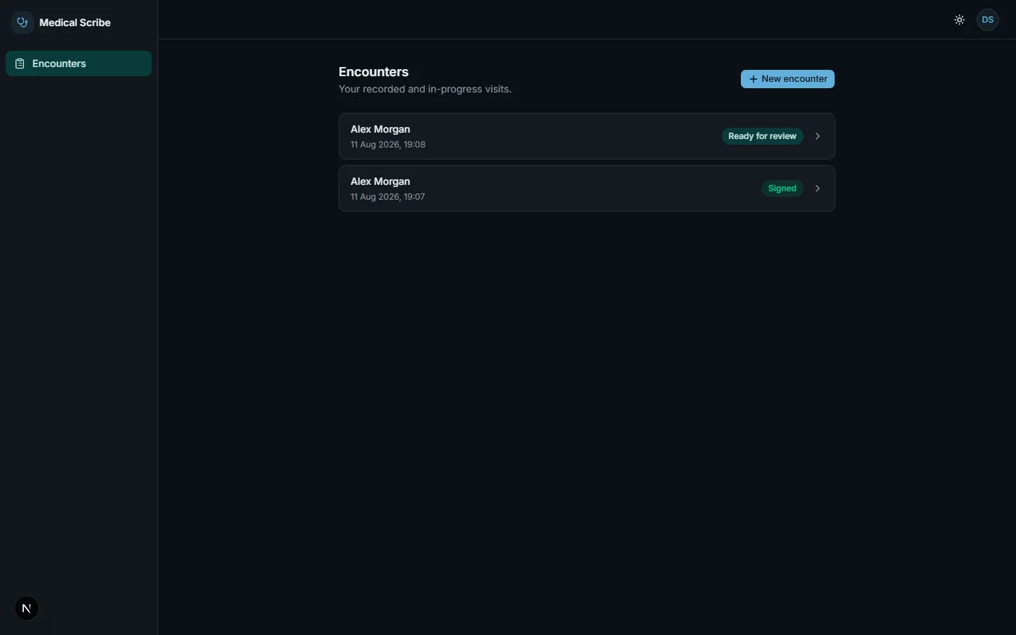 AI Medical Scribe — encounters list in dark mode
