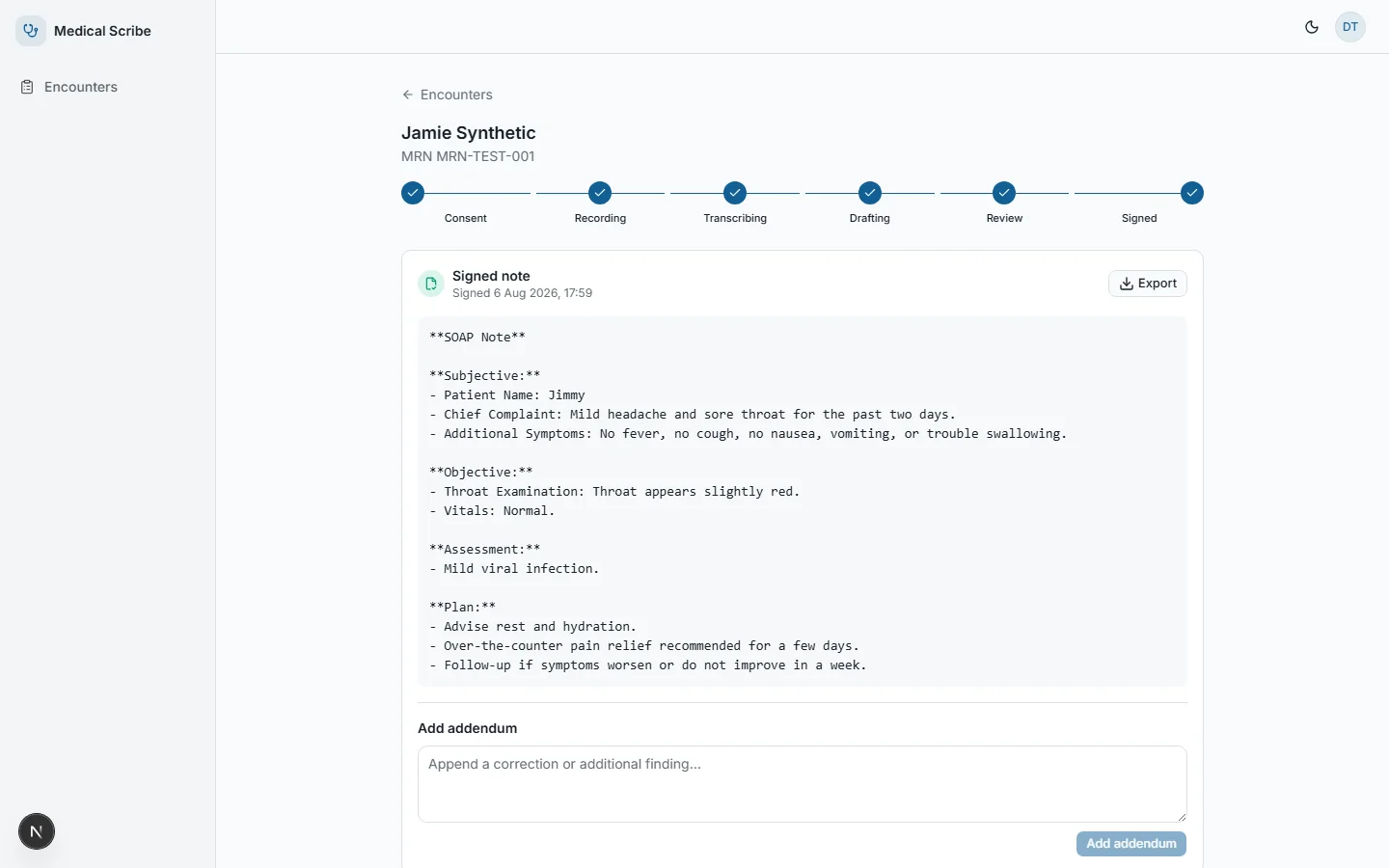 AI Medical Scribe — signed SOAP note with status stepper and addendum form