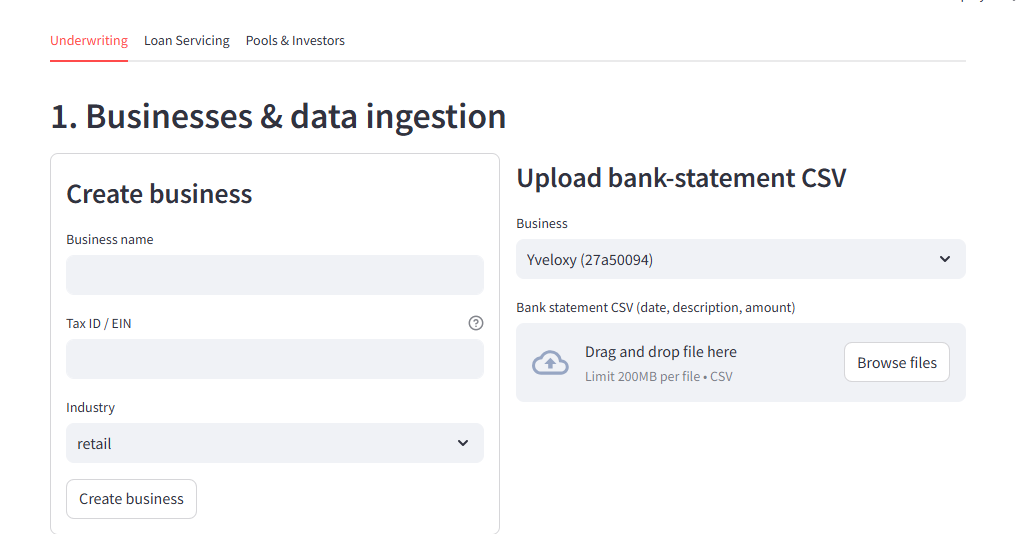 CreditRail business onboarding and bank-statement CSV ingestion