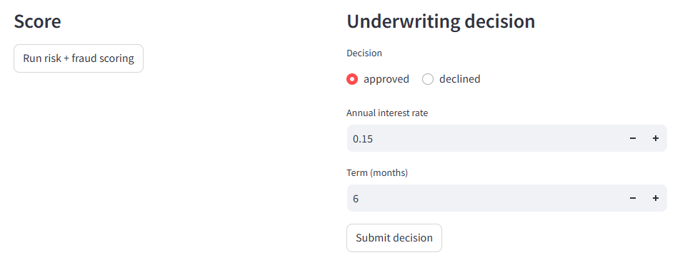 CreditRail AI risk and fraud scoring with underwriting decision