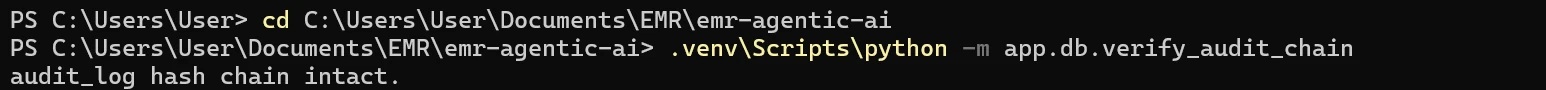 Terminal output — audit hash chain verification, intact
