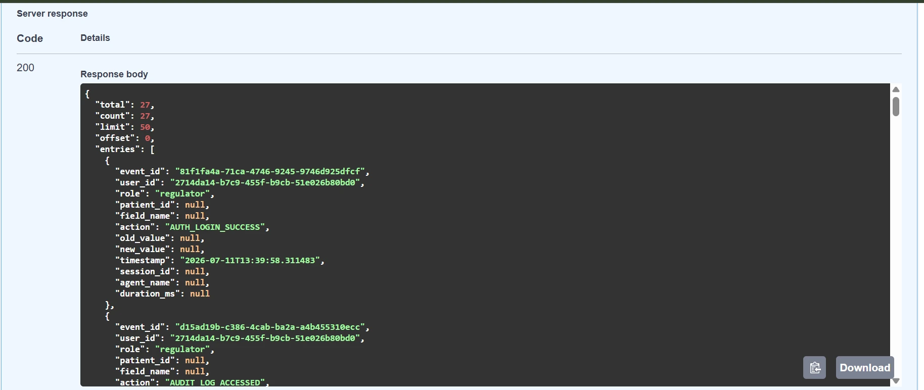 Swagger UI — GET /audit endpoint response, regulator role