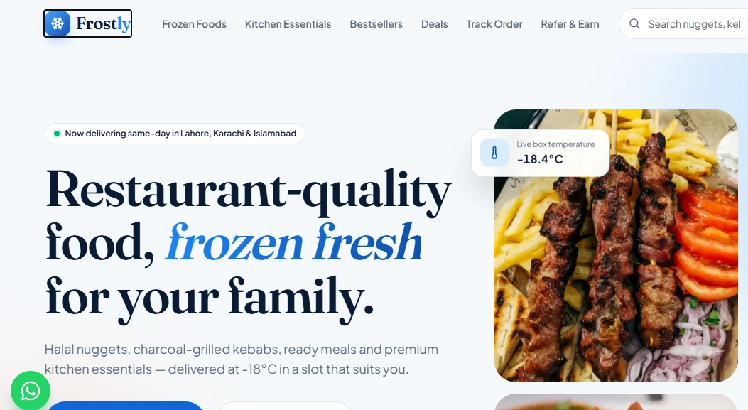 Frostly e-commerce homepage — 'Restaurant-quality food, frozen fresh for your family' headline with a live box temperature card of -18.4°C over a halal kebab platter