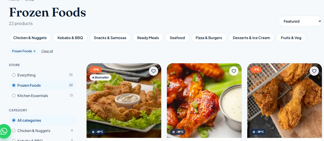 Frostly Frozen Foods shop page — 22 products with category chips, store and category filters and product cards showing discount, bestseller and -18°C badges