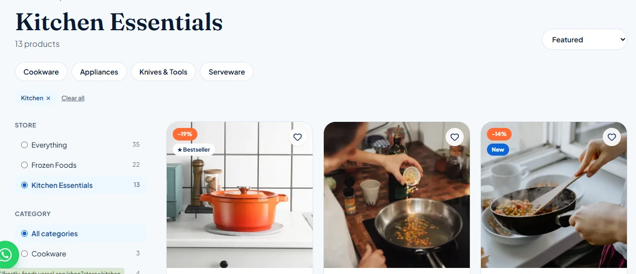 Frostly Kitchen Essentials shop page — 13 products across cookware, appliances, knives and tools, and serveware