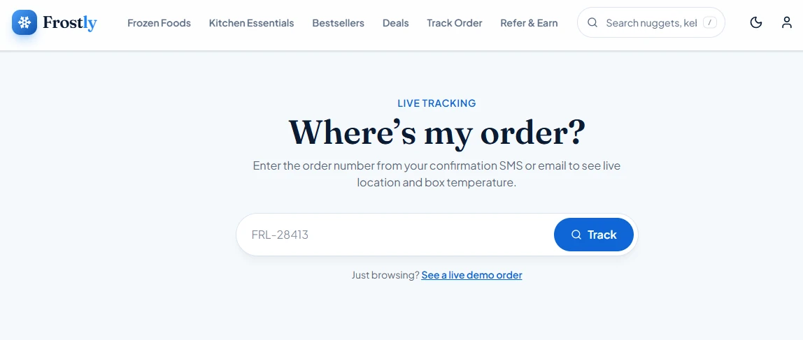 Frostly order tracking page — 'Where's my order?' with an order number field, Track button and a link to a live demo order