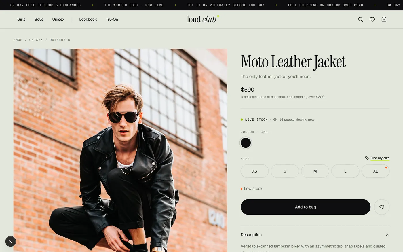 loud club product page for the Moto Leather Jacket — price, live stock viewer count, colour swatch, size picker with a low-stock indicator and an Add to bag button