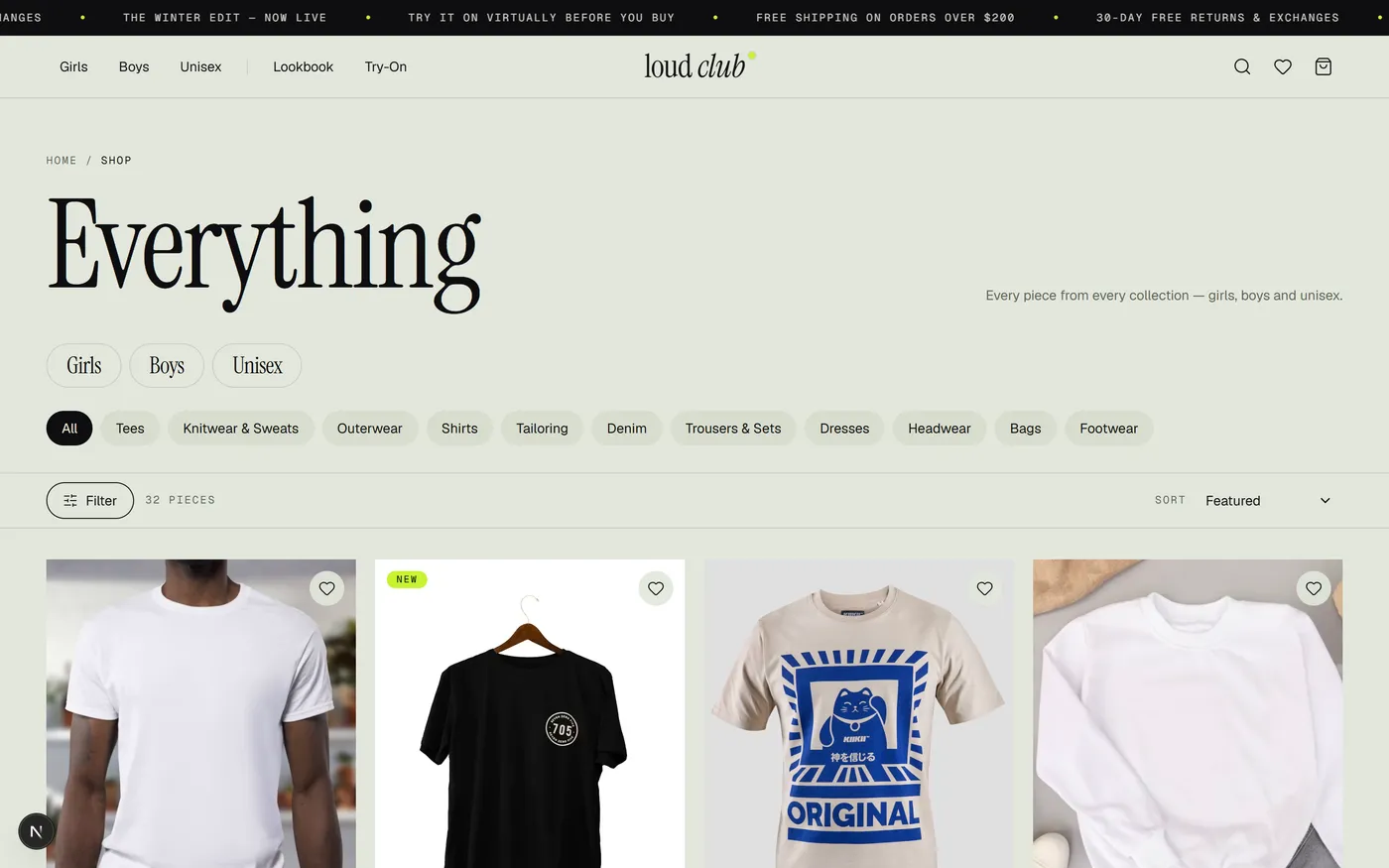 loud club shop page — 32 pieces with collection and category filter chips, a sort menu and a four-column product grid