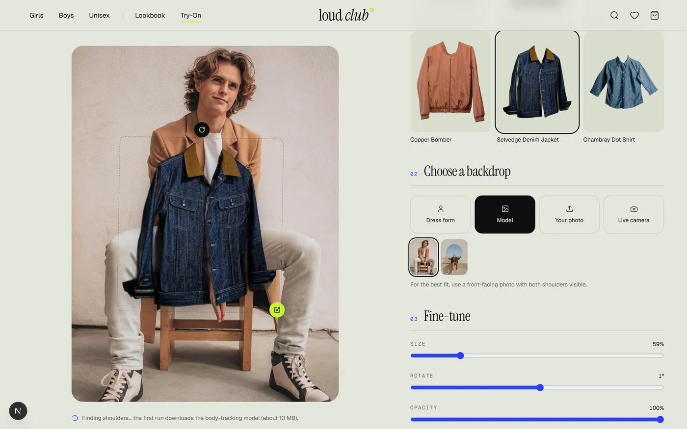 loud club virtual try-on — a selvedge denim jacket cut-out auto-fitted to a model's photo, with size, rotate and opacity fine-tune sliders