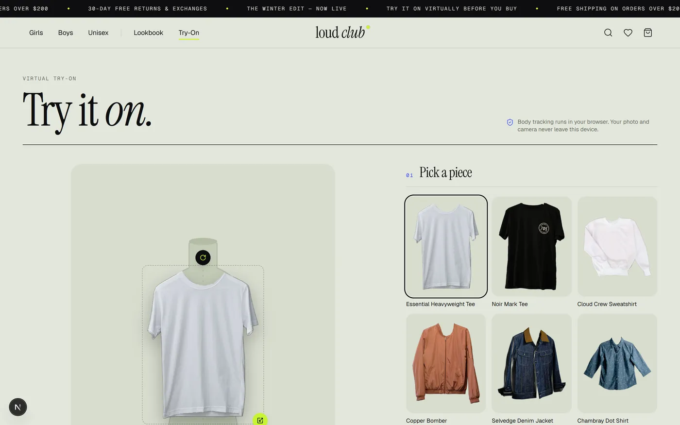 loud club virtual try-on default view — a heavyweight tee fitted onto the default dress-form silhouette, with a garment picker on the right