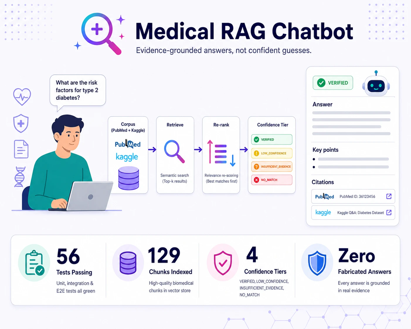 Medical RAG Chatbot — retrieve, re-rank, and confidence-tier pipeline with a VERIFIED example answer