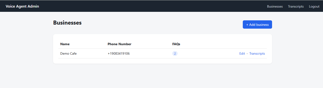 Voice AI Agent — admin dashboard listing configured businesses