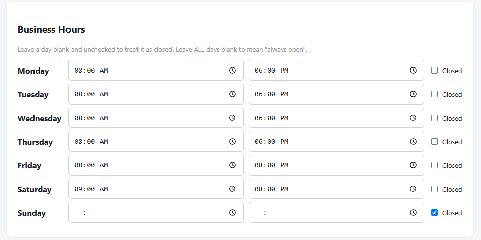 Voice AI Agent — per-weekday business hours configuration