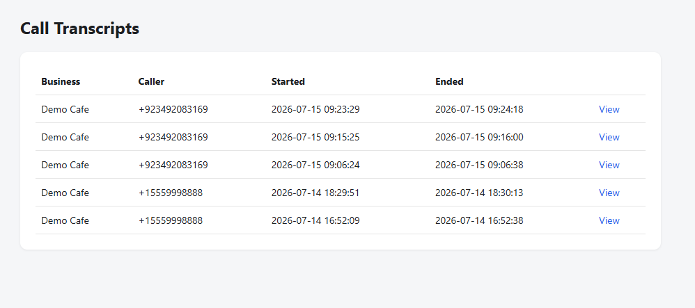 Voice AI Agent — call transcripts list with caller and timestamps