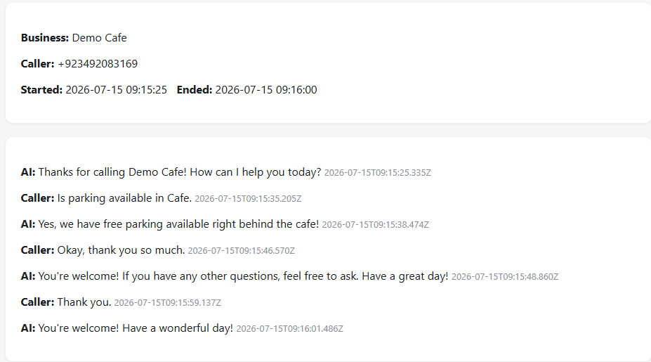 Voice AI Agent — real saved call transcript from the turn-based conversation loop