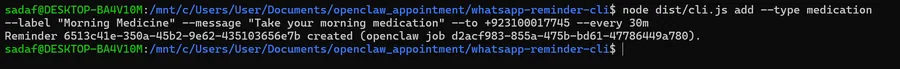 remind add command output — reminder created with OpenClaw job id