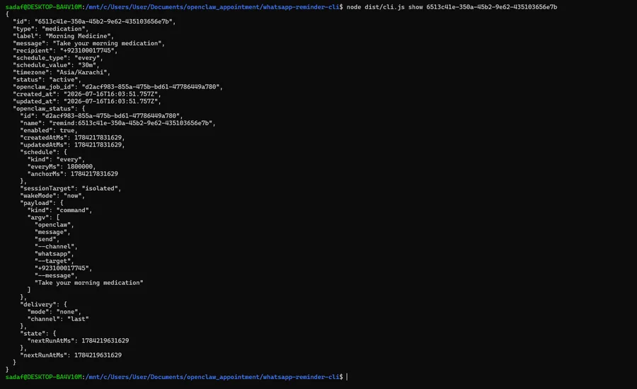 remind show command output — full reminder row plus live OpenClaw job status