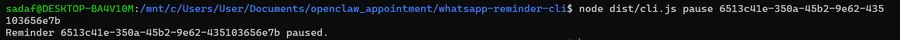 remind pause command output — reminder paused