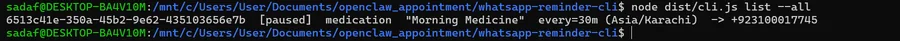 remind list --all command output — active and paused reminders both shown