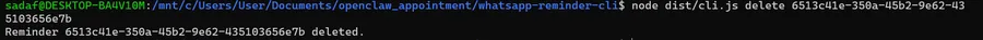 remind delete command output — reminder and OpenClaw job removed