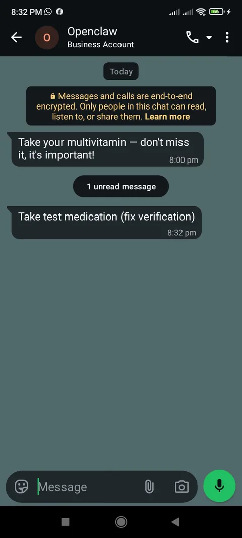 WhatsApp message delivered by remind add — Take your multivitamin reminder